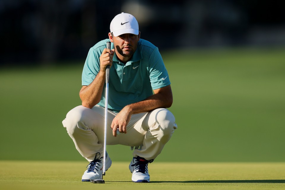 CHARLOTTE, NORTH CAROLINA - MAY 17: Scottie Scheffler of the United States lines up a putt on the 16th green during the third round of the PGA Championship at Quail Hollow Country Club on May 17, 2025 in Charlotte, North Carolina. (Photo by Alex Slitz/Getty Images)