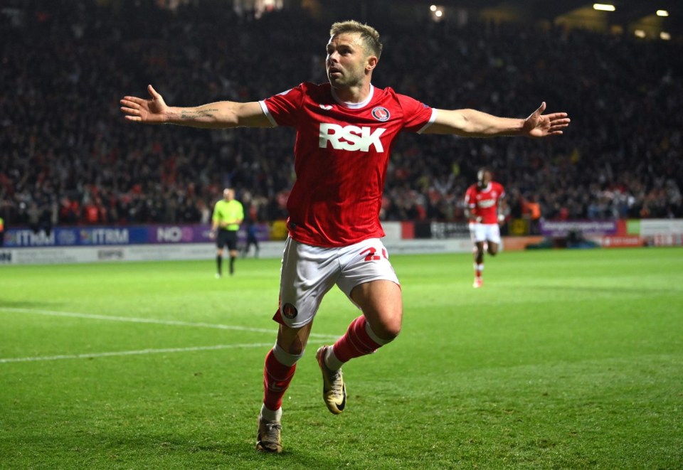LONDON, ENGLAND - MAY 15: Matthew Godden of Charlton Athletic celebrates scoring his team's first goal during the Sky Bet League One Play Off Semi Final Second Leg match between Charlton Athletic and Wycombe Wanderers at The Valley on May 15, 2025 in London, England. (Photo by Justin Setterfield/Getty Images)