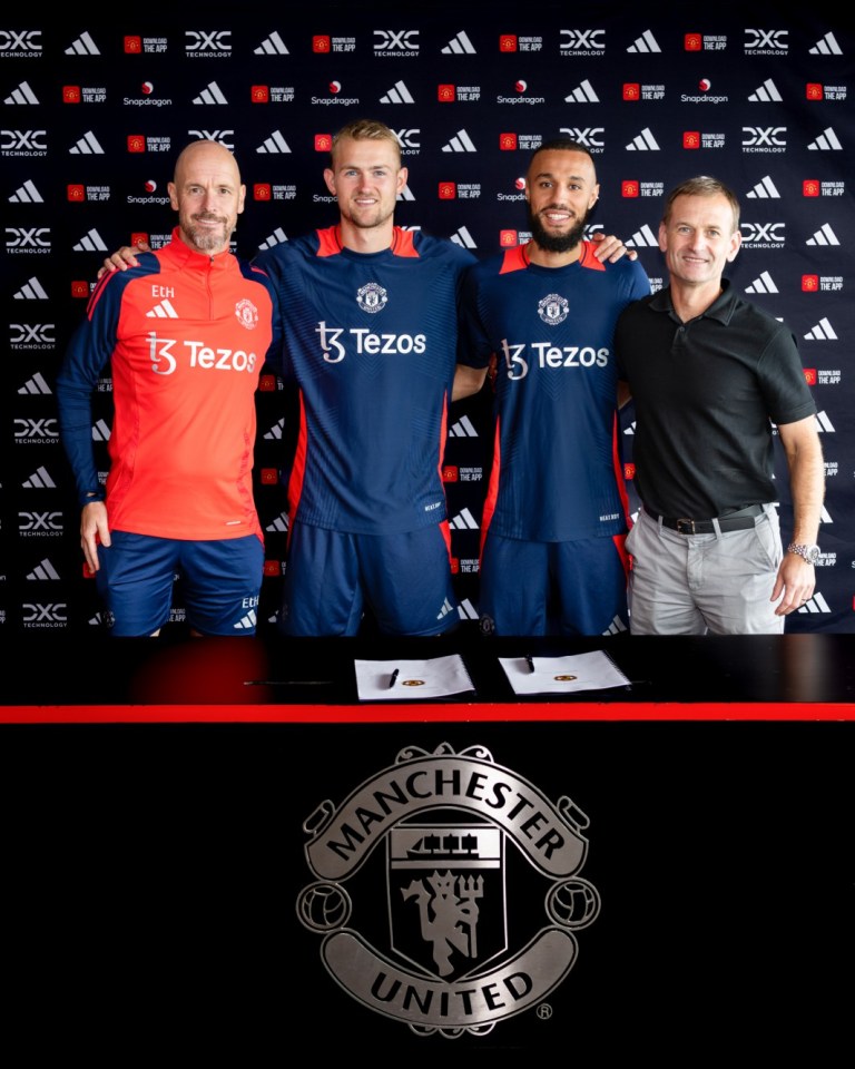 MANCHESTER, ENGLAND - AUGUST 13: (EXCLUSIVE COVERAGE) Matthijs de Ligt and Noussair Mazraoui of Manchester United pose with Manager Erik ten Hag and Sporting Director Dan Ashworth after signing for the club at Carrington Training Ground on August 13, 2024 in Manchester, England. (Photo by Manchester United/Manchester United via Getty Images)