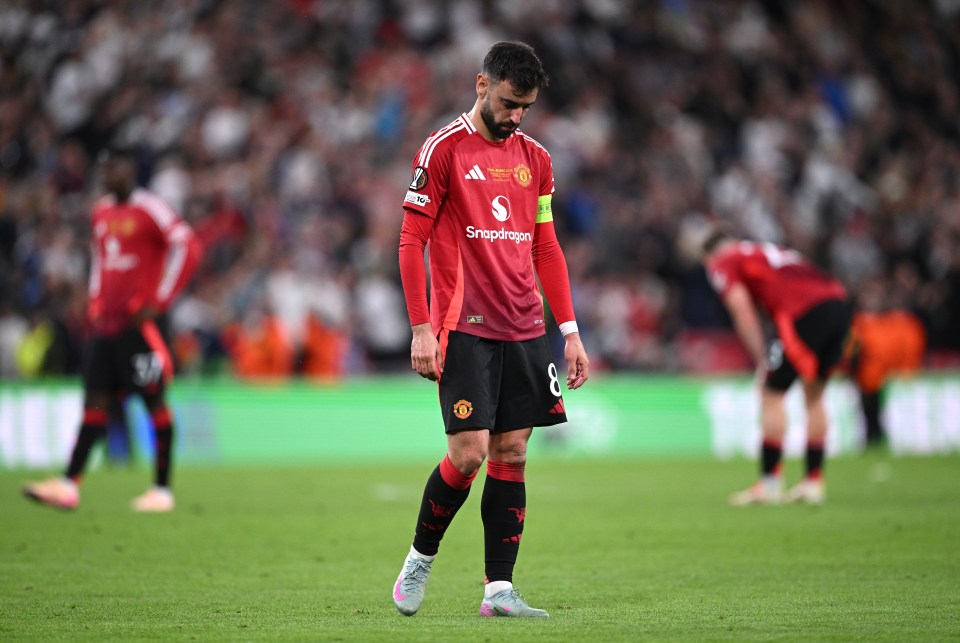 BILBAO, SPAIN - MAY 21: Bruno Fernandes of Manchester United reacts at the final whistle during the UEFA Europa League Final 2025 between Tottenham Hotspur and Manchester United at Estadio de San Mames on May 21, 2025 in Bilbao, Spain. (Photo by Justin Setterfield/Getty Images)