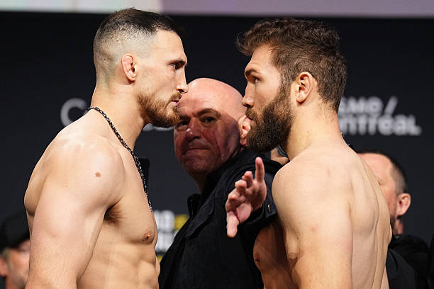 MONTREAL, QUEBEC - MAY 09: (L-R) Modestas Bukauskas of Lithuania and Ion Cutelaba of Moldova face off during the UFC 315 ceremonial weigh-in at Bell Centre on May 09, 2025 in Montreal, Quebec.  (Photo by Chris Unger/Zuffa LLC)