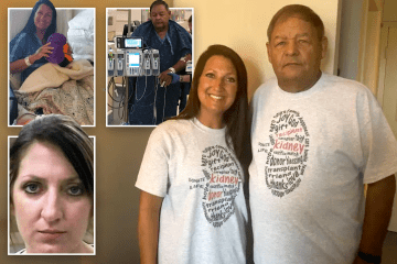 Collage of photos showing a kidney recipient and donor before and after a successful transplant.