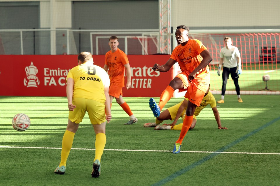 BURTON-UPON-TRENT, ENGLAND - APRIL 30: Shola Ameobi of Team Newcastle shoots during the Emirates 5-a-side match at St Georges Park on April 30, 2025 in Burton-upon-Trent, England. (Photo by Matt McNulty - The FA/The FA via Getty Images)