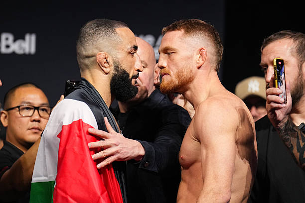 MONTREAL, QUEBEC - MAY 09: (L-R) Belal Muhammad and Jack Della Maddalena of Australia face off during the UFC 315 ceremonial weigh-in at Bell Centre on May 09, 2025 in Montreal, Quebec.  (Photo by Chris Unger/Zuffa LLC)