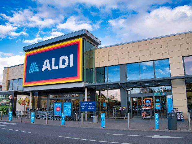 Aldi supermarket exterior with logo.