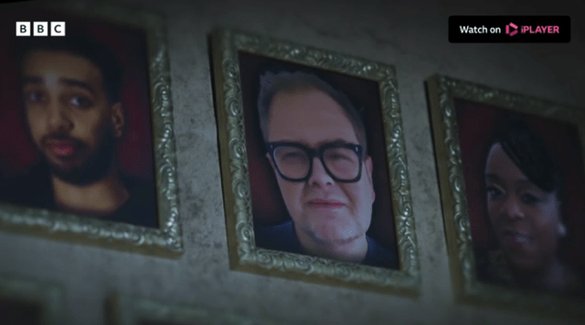 Framed portraits of three people on a wall.