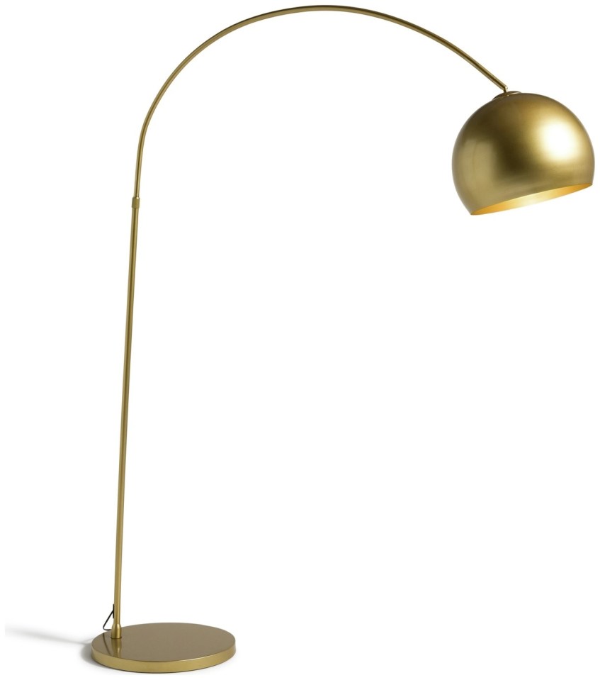 Gold arc floor lamp with spherical shade.