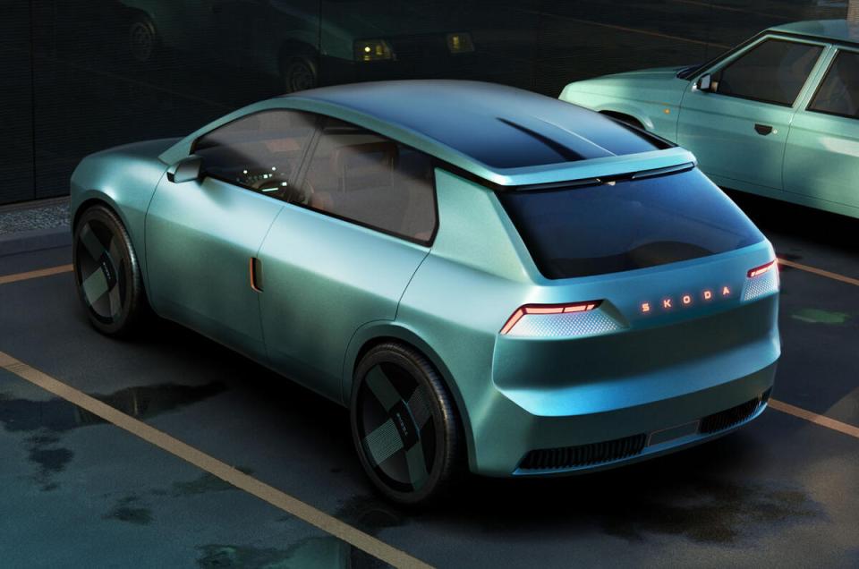 Illustration of a teal Skoda electric car parked in a parking lot.