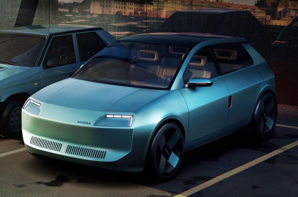 Illustration of a teal Skoda concept car parked next to a classic Skoda.
