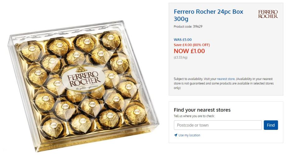 Ferrero Rocher 24-piece box, 300g, reduced to £1.00.