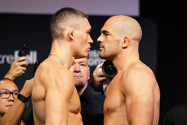 MONTREAL, QUEBEC - MAY 09: (L-R) Navajo Stirling of New Zealand and Ivan Erslan of Croatia face off during the UFC 315 ceremonial weigh-in at Bell Centre on May 09, 2025 in Montreal, Quebec.  (Photo by Chris Unger/Zuffa LLC)