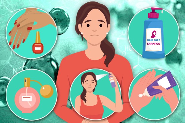 Illustration of a woman concerned about toxic compounds in beauty products, surrounded by illustrations of nail polish, perfume, hairspray, shampoo, and hand cream.