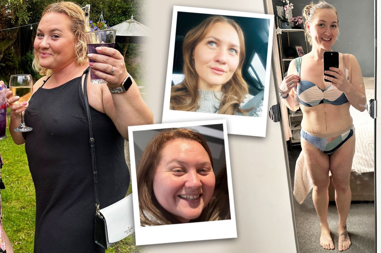 Collage of a woman's before and after weight loss photos.
