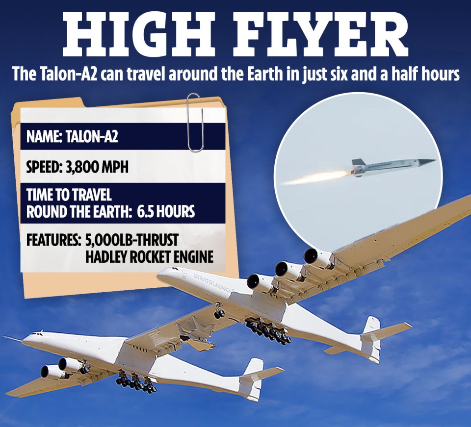 Illustration of the Talon-A2 aircraft, which can travel around the Earth in 6.5 hours at 3,800 mph, powered by a 5,000lb-thrust Hadley rocket engine.