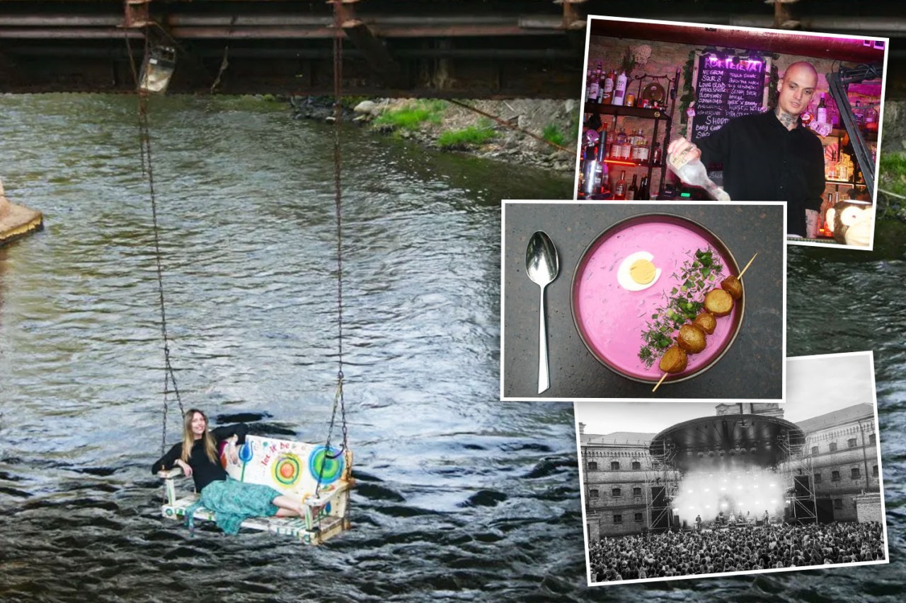 Collage of a woman on a swing over water, cold beet soup, a bartender, and a concert.