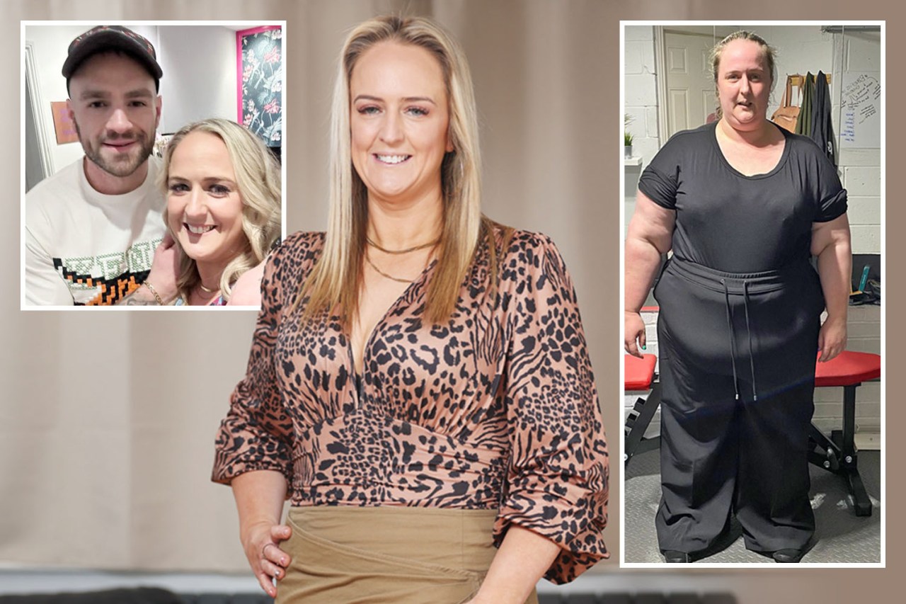 Collage of a woman before and after weight loss, with a photo of her and a man.