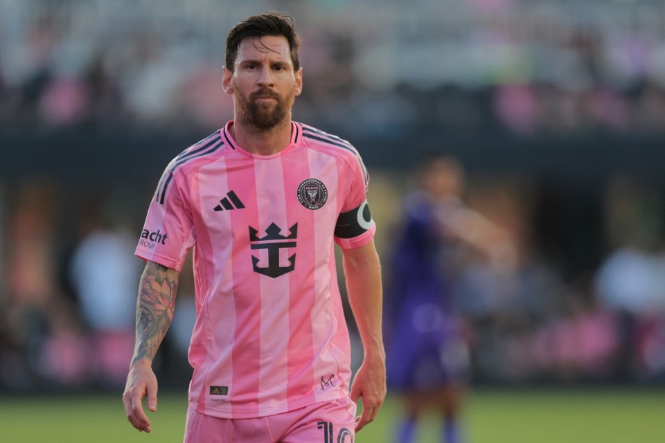 May 18, 2025; Fort Lauderdale, Florida, USA; Inter Miami CF forward Lionel Messi (10) looks on against Orlando City during the first half at Chase Stadium. Mandatory Credit: Sam Navarro-Imagn Images