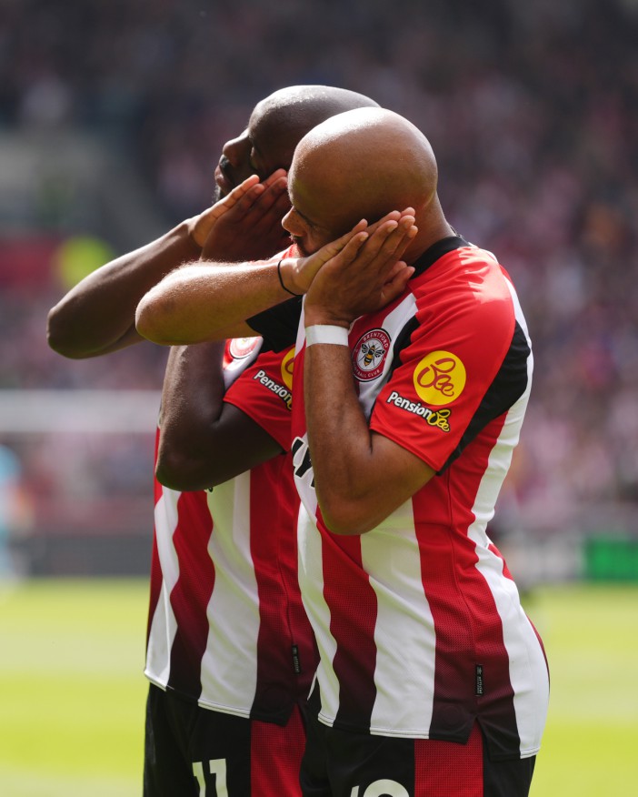 Brentford's Bryan Mbeumo celebrates scoring their side's first goal of the game during the Premier League match at the Gtech Community Stadium, Brentford. Picture date: Sunday May 18, 2025. PA Photo. See PA story SOCCER Brentford. Photo credit should read: Bradley Collyer/PA Wire. RESTRICTIONS: EDITORIAL USE ONLY No use with unauthorised audio, video, data, fixture lists, club/league logos or "live" services. Online in-match use limited to 120 images, no video emulation. No use in betting, games or single club/league/player publications.