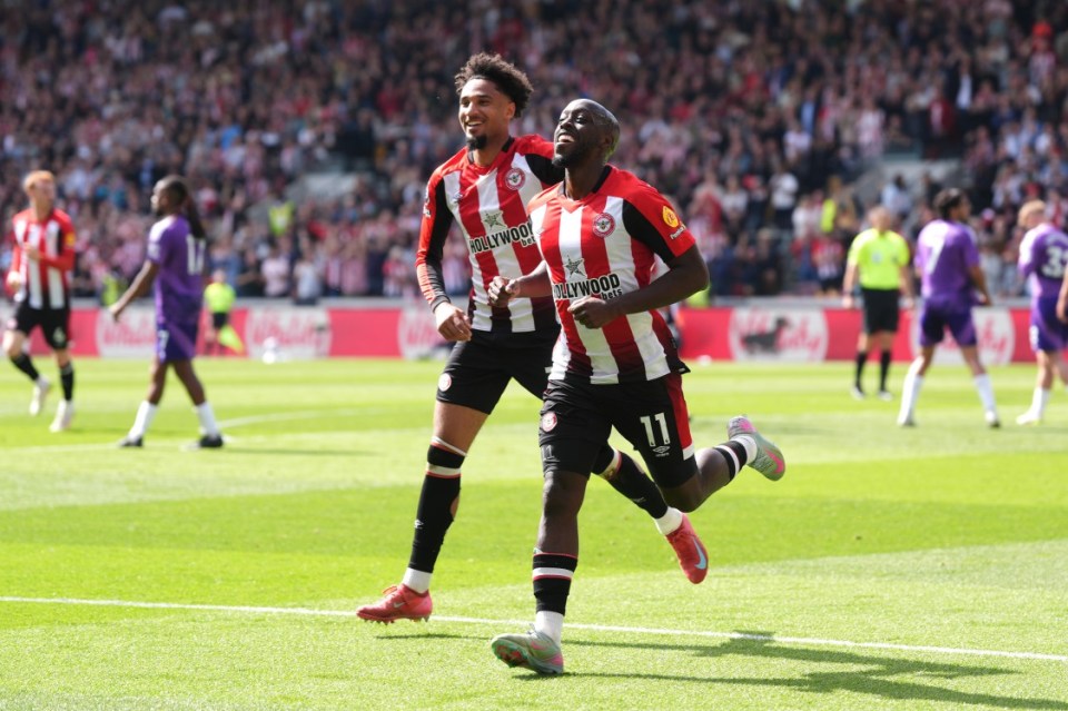 Brentford's Yoane Wissa (right) celebrates scoring their side's second goal with team-mate of the game during the Premier League match at the Gtech Community Stadium, Brentford. Picture date: Sunday May 18, 2025. PA Photo. See PA story SOCCER Brentford. Photo credit should read: Bradley Collyer/PA Wire. RESTRICTIONS: EDITORIAL USE ONLY No use with unauthorised audio, video, data, fixture lists, club/league logos or "live" services. Online in-match use limited to 120 images, no video emulation. No use in betting, games or single club/league/player publications.