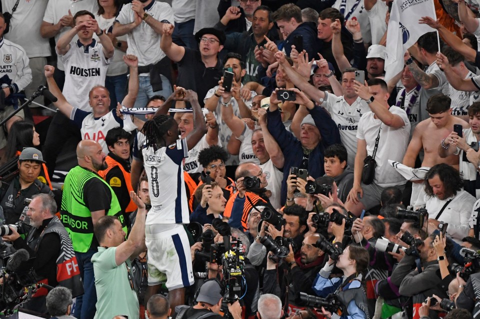 Tottenham Hotspur players including Malian midfielder #08 Yves Bissouma celebrate after the UEFA Europa League final football match between Tottenham Hotspur and Manchester United at the San Mames stadium in Bilbao on May 21, 2025. (Photo by ANDER GILLENEA / AFP) (Photo by ANDER GILLENEA/AFP via Getty Images)
