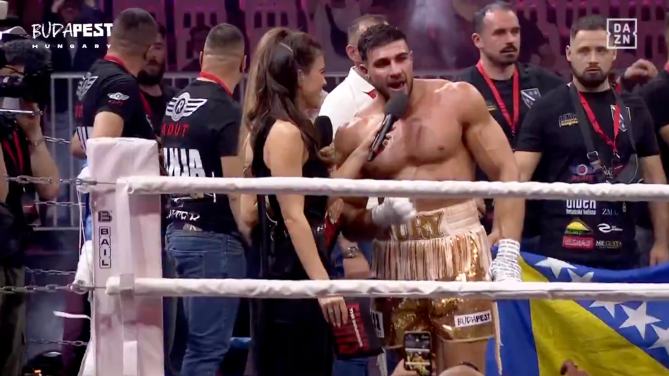 Post-fight interview with a boxer in Budapest.