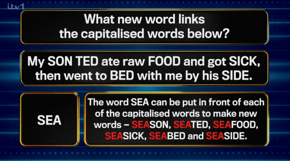 Screenshot of a word puzzle:  The word "SEA" can be added to the beginning of capitalized words (SON, TED, FOOD, SICK, BED, SIDE) to create new words.