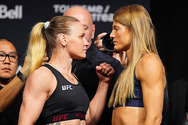 MONTREAL, QUEBEC - MAY 09: (L-R) Valentina Shevchenko of Kyrgyzstan and Manon Fiorot of France face off during the UFC 315 ceremonial weigh-in at Bell Centre on May 09, 2025 in Montreal, Quebec.  (Photo by Chris Unger/Zuffa LLC)