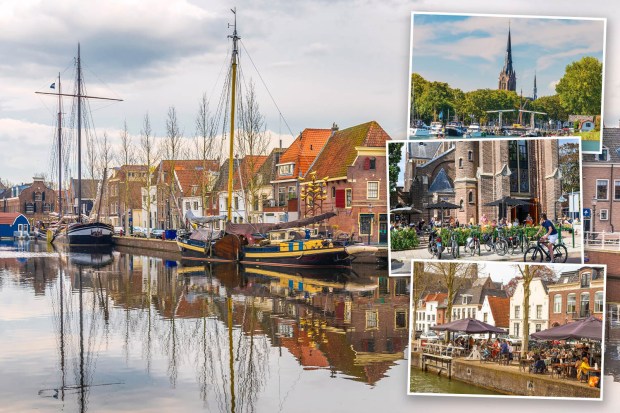 Collage of Amsterdam scenes: canal with boats, church, and outdoor cafes.