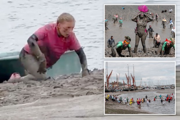 Collage of people participating in a mud race.