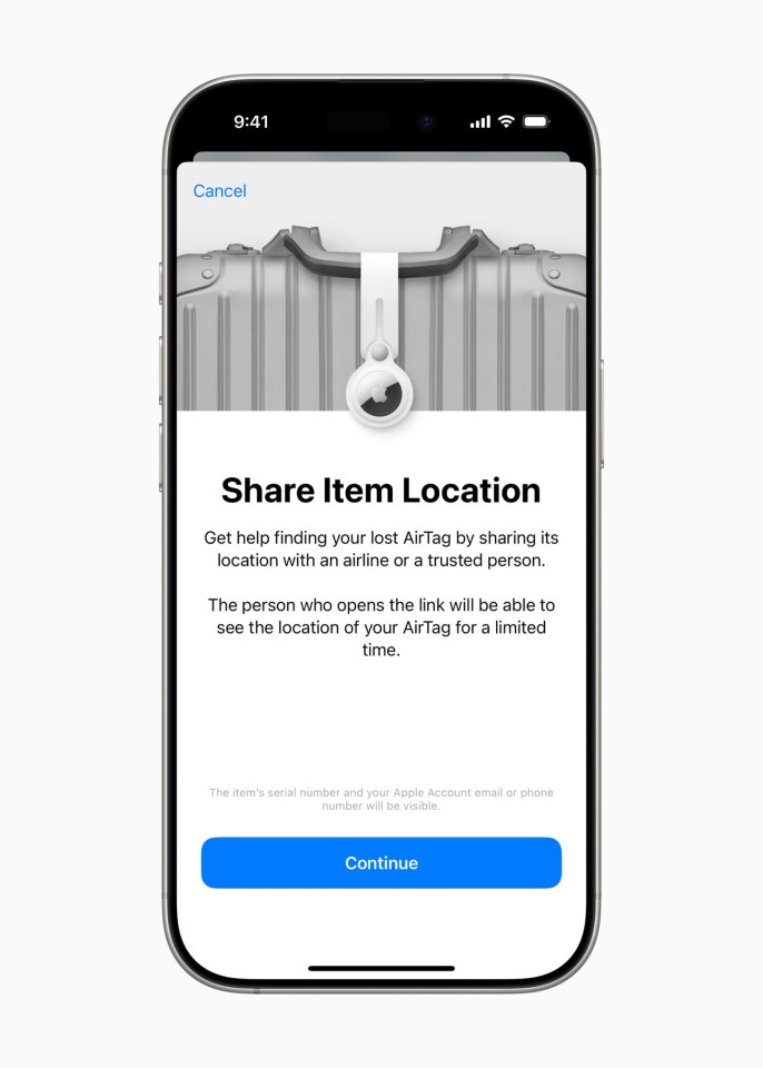 iPhone screen showing how to share an AirTag's location.