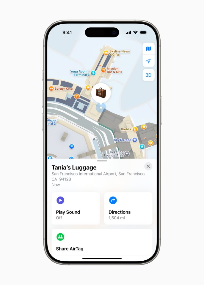 iPhone screen showing AirTag tracking of luggage at San Francisco airport.