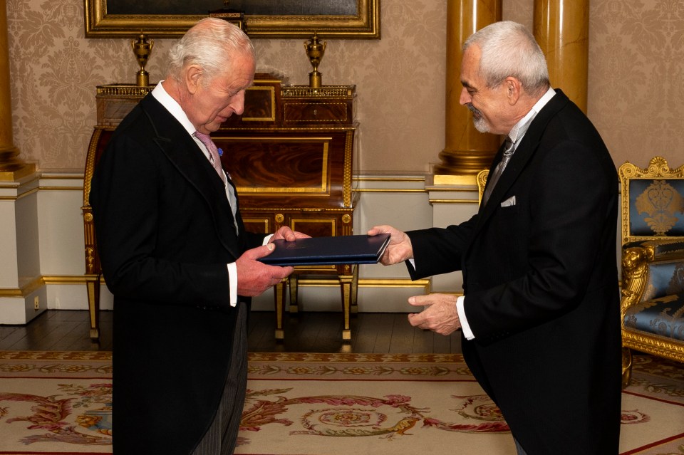 King Charles III receiving credentials from the Slovak Ambassador at Buckingham Palace.