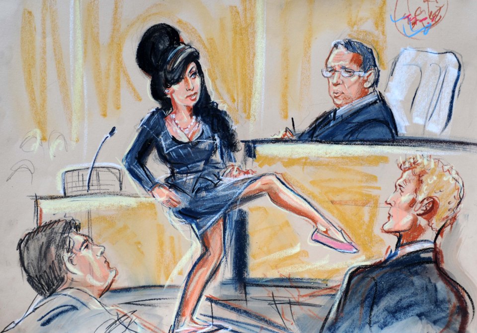 Illustration of Amy Winehouse at a magistrates court.