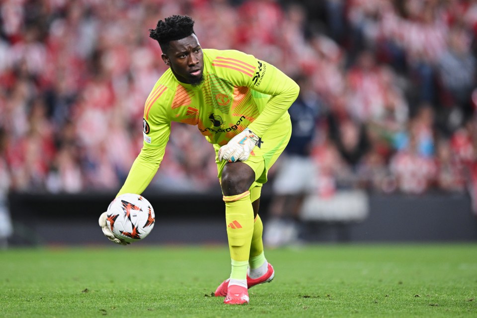 Andre Onana, Manchester United goalkeeper, holding a soccer ball.