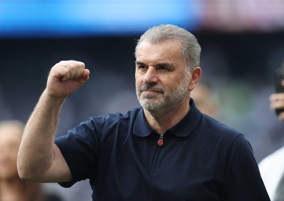 Ange Postecoglou, manager of Tottenham Hotspur, celebrates.