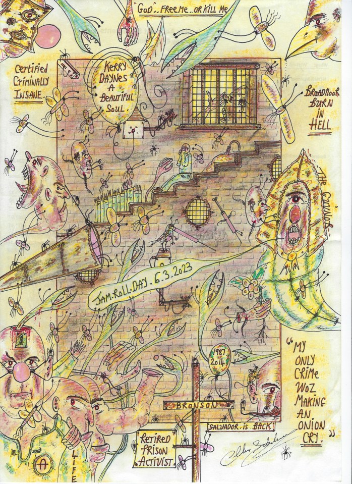 Illustration of a chaotic scene with cartoonish figures, text, and symbols, referencing Kerry Daynes and prison activism.