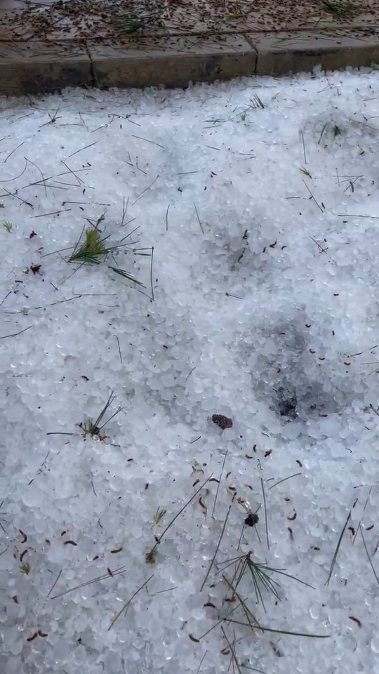 Hail covering the ground.