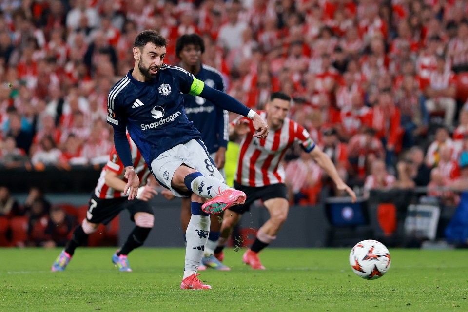 Bruno Fernandes of Manchester United scoring a penalty kick.