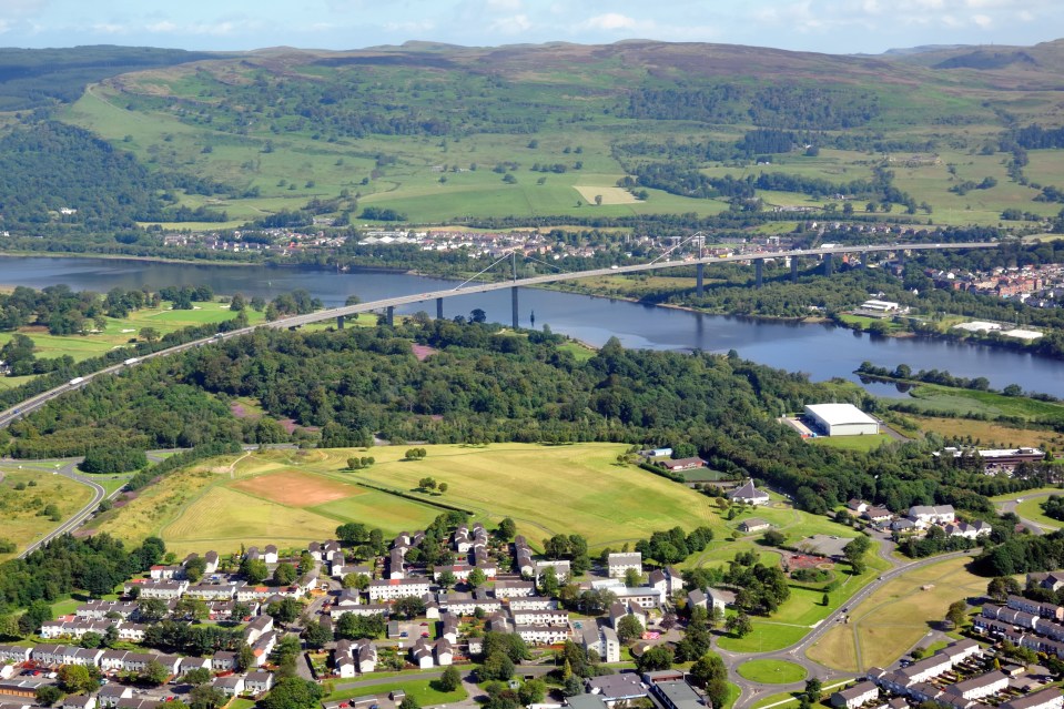 Aerial view of the Erskine Bridge in Scotland.
