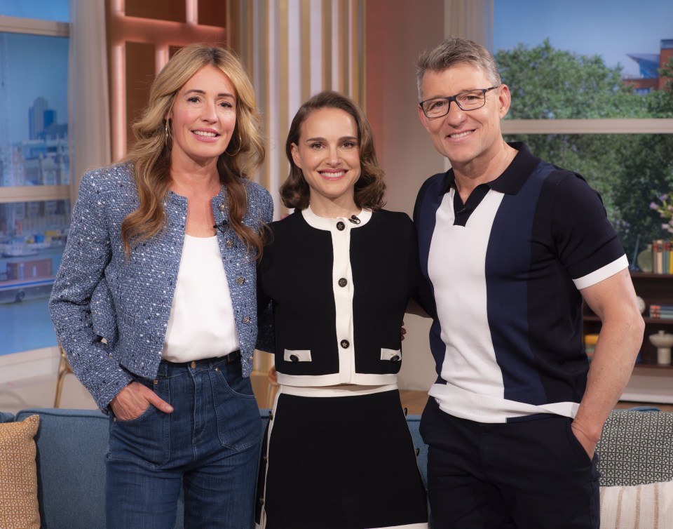 Cat Deeley, Natalie Portman, and Ben Shephard on a TV show.