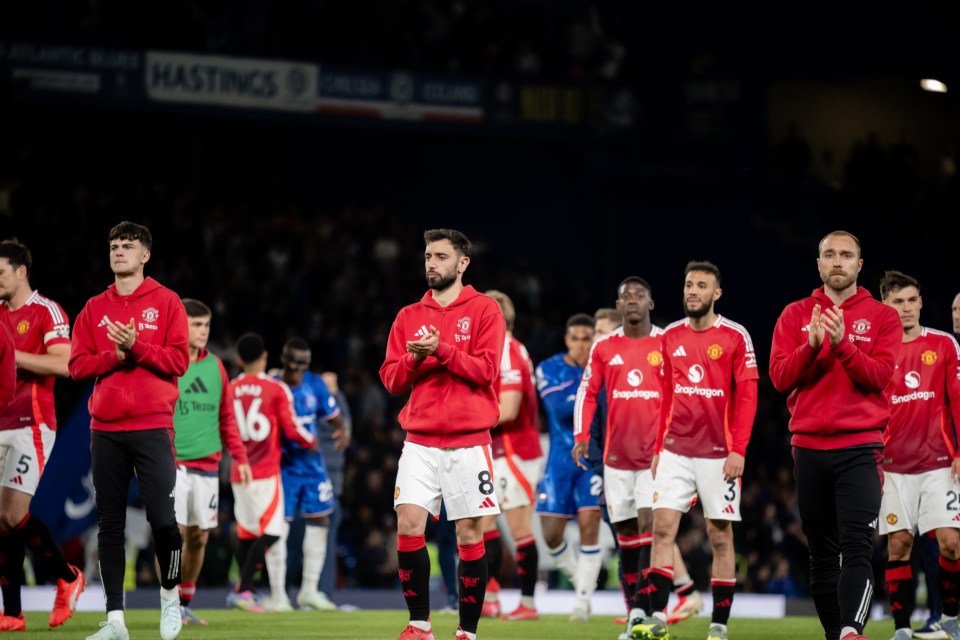 LONDON, ENGLAND - MAY 16:  Bruno Fernandes of Manchester United & team-mates applaud the fans at the end of the Premier League match between Chelsea FC and Manchester United FC at Stamford Bridge on May 16, 2025 in London, United Kingdom. (Photo by Ash Donelon/Manchester United via Getty Images)