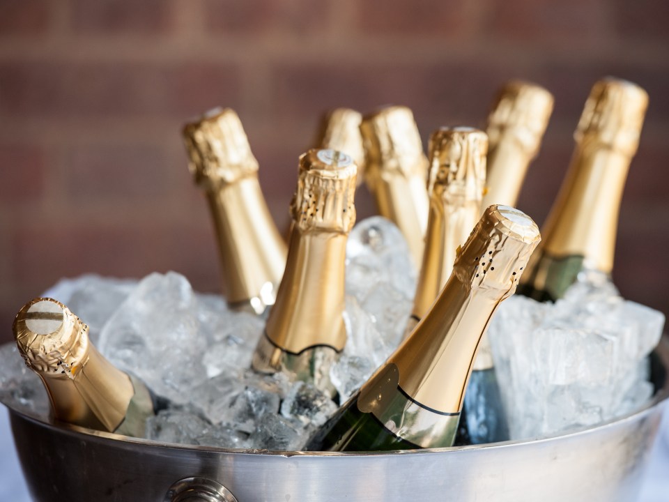 Champagne bottles in an ice bucket.