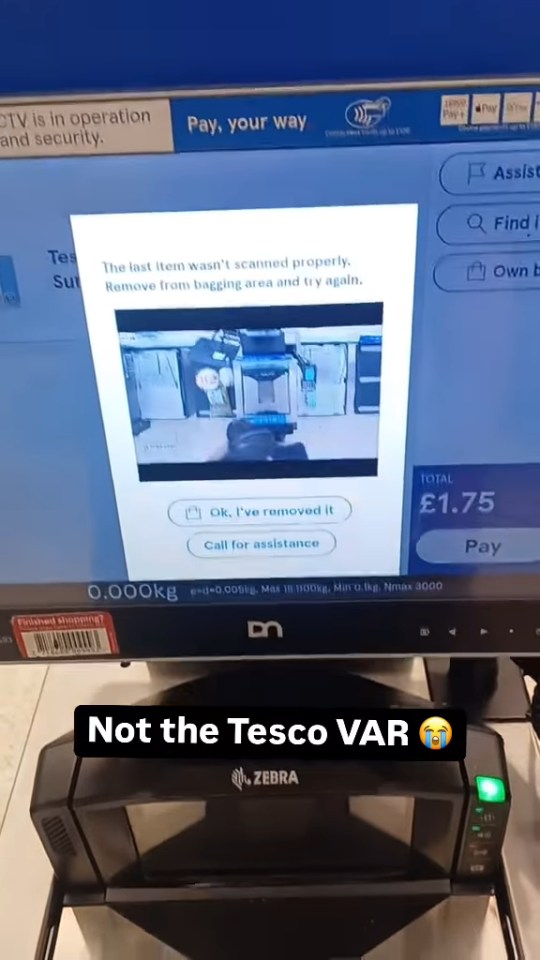 Tesco self-checkout screen showing an item wasn't scanned and a camera view; total £1.75.