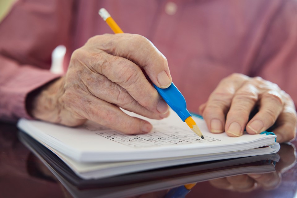 Close-up of a senior man's arthritic hands using a grip aid to write in a Sudoku puzzle book.