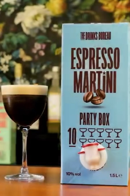 Espresso Martini party box with a cocktail glass.