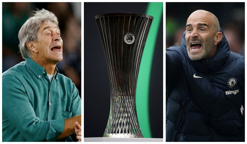 Collage of Manuel Pellegrini, the Europa Conference League trophy, and Enzo Maresca.