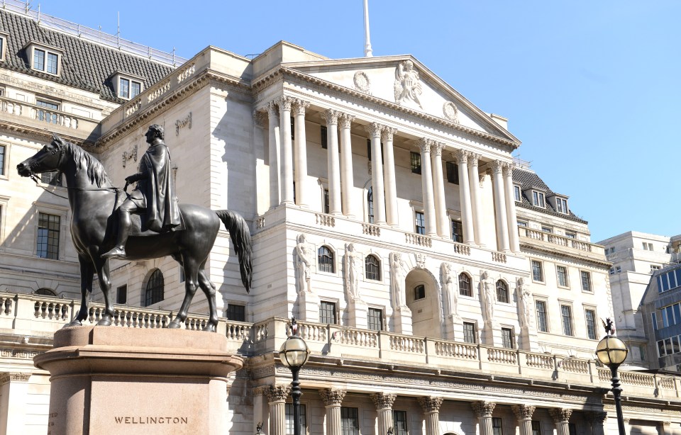 The Bank of England building with a statue of Wellington on horseback in the foreground.
