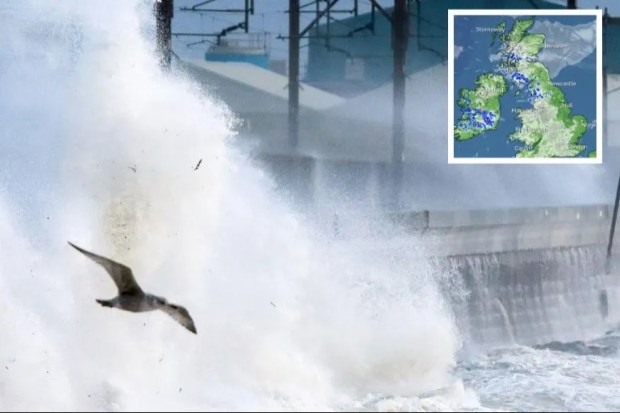 An image collage containing 2 images, Image 1 shows High waves crashing over a seawall during a storm, Image 2 shows UK weather map showing rain across the country at 3 PM Monday