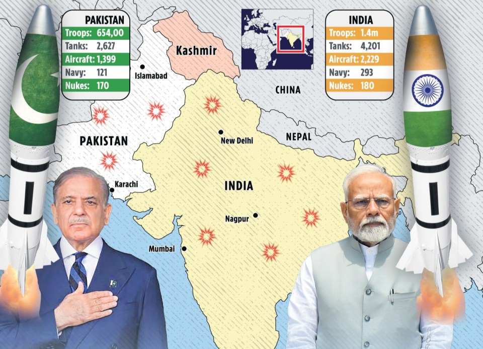 Illustration of India-Pakistan map showing military assets and leaders.