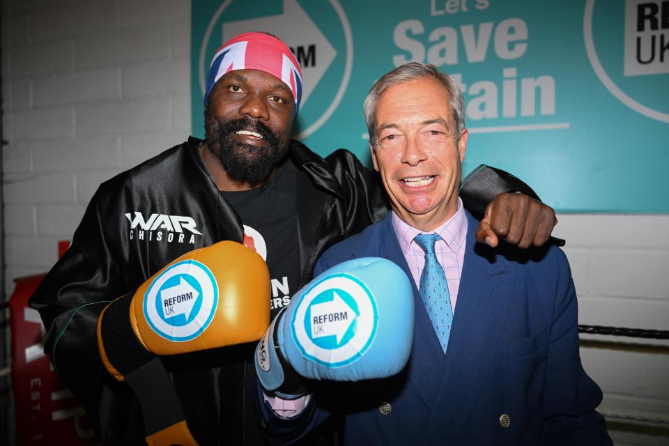 Derek Chisora and Nigel Farage wearing boxing gloves with "Reform UK" logos.